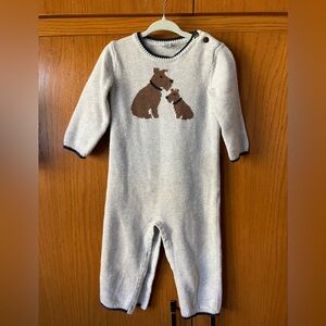 Janie and Jack Cream Knit Romper with Brown Puppy Motif